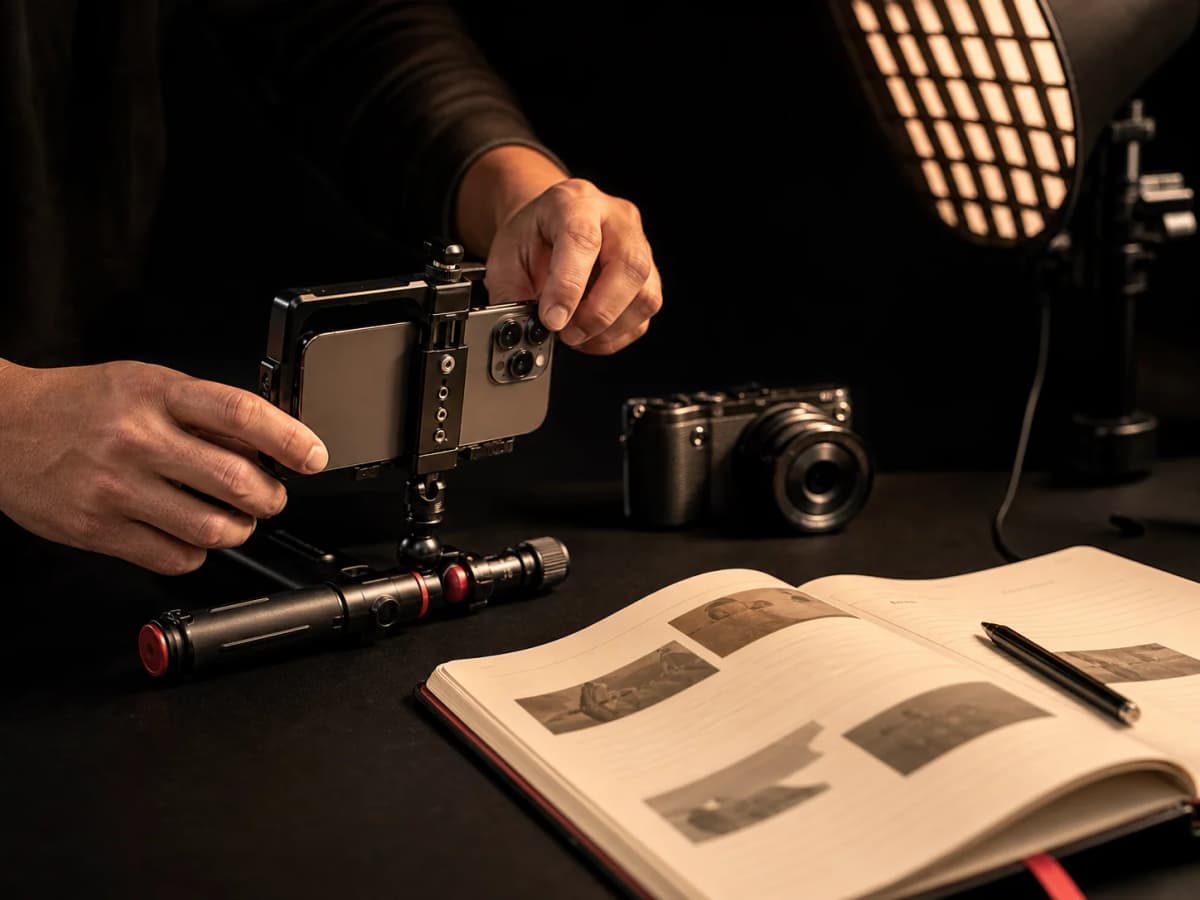 Step 4: a creator filming with shoot-mode teleprompter visible