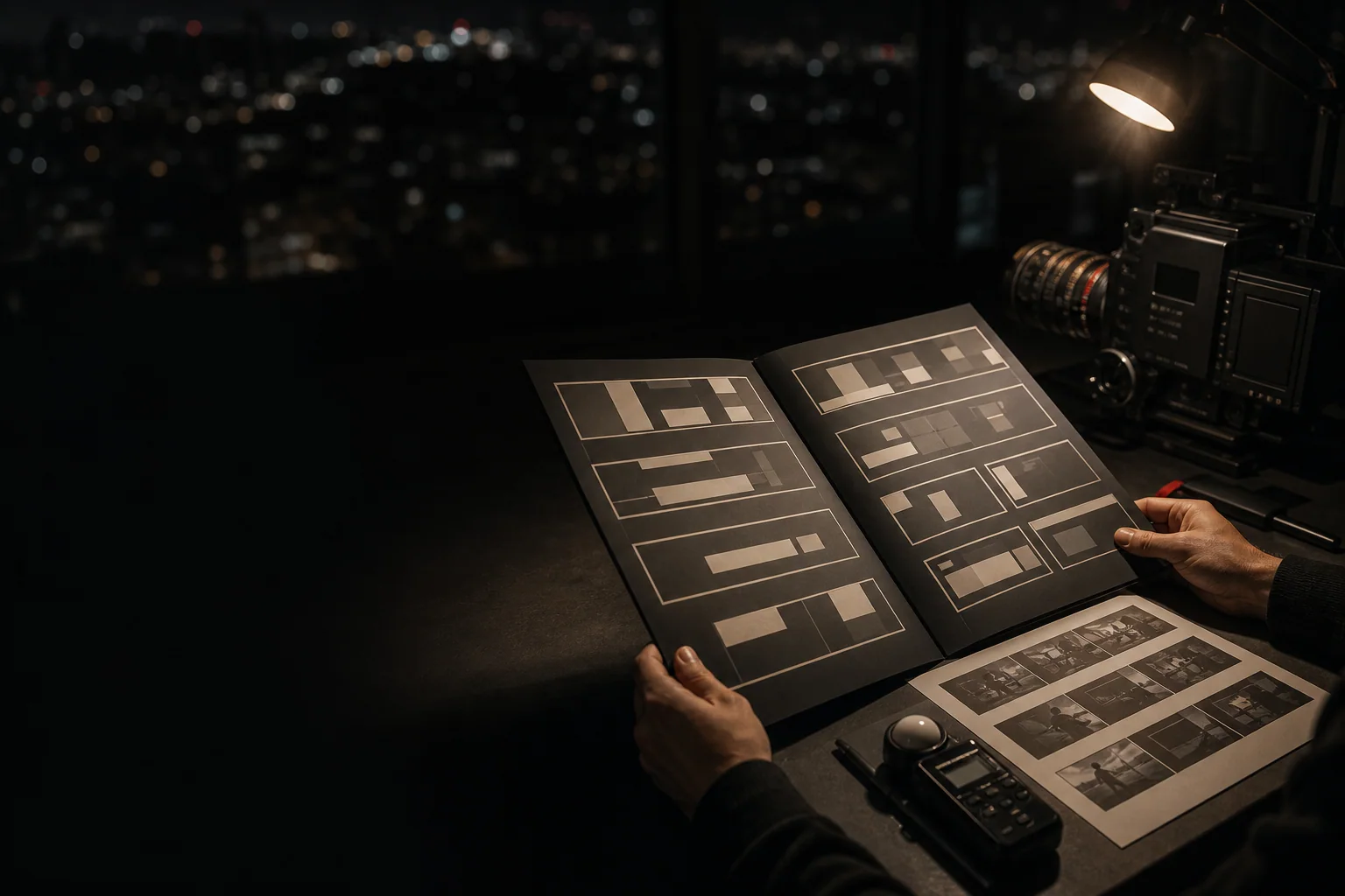 Creative director reviewing an Atelier campaign dossier in a cinematic studio